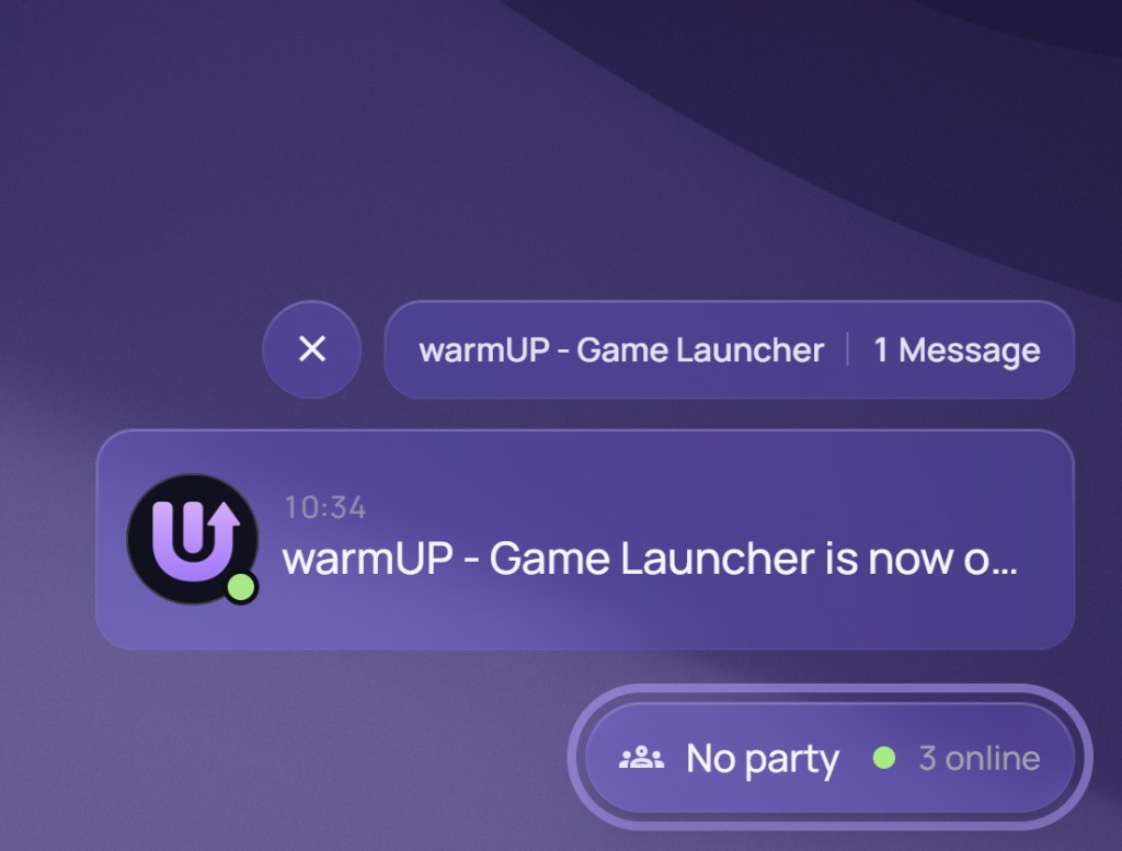 warmUP Discord notice that the launcher is online, with one message and three friends online
