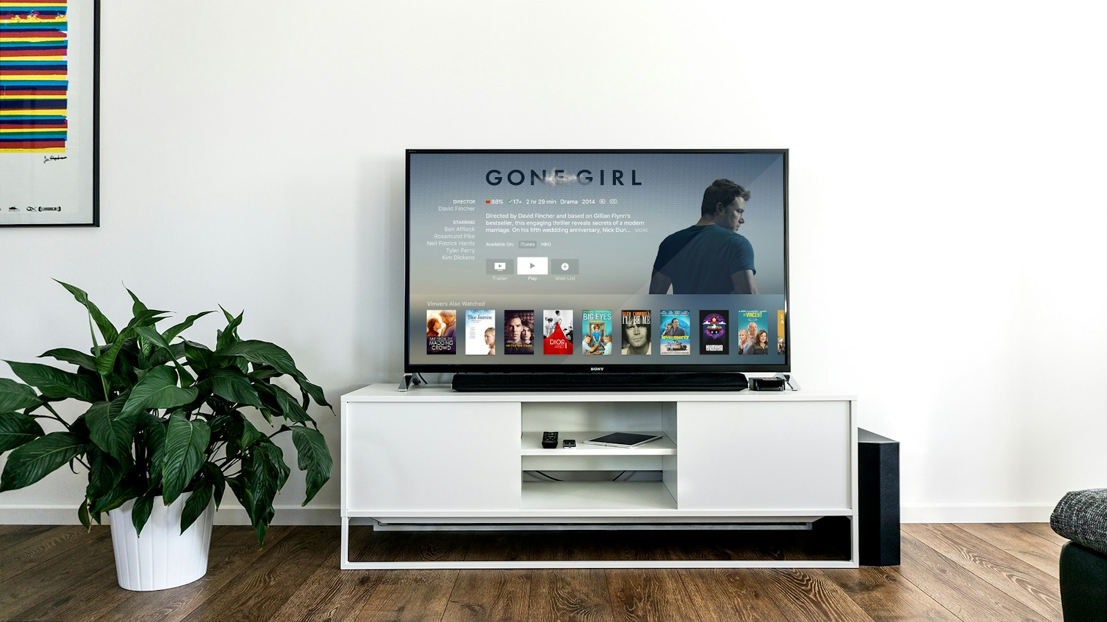 Living room television on a white media console