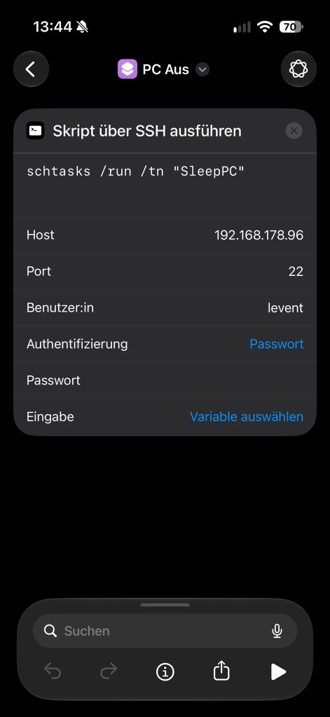 iOS Shortcut named PC Aus that runs a SleepPC scheduled task over SSH