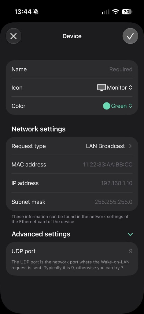 Wake Me Up device screen with LAN Broadcast, MAC address, IP, subnet, and UDP port 9