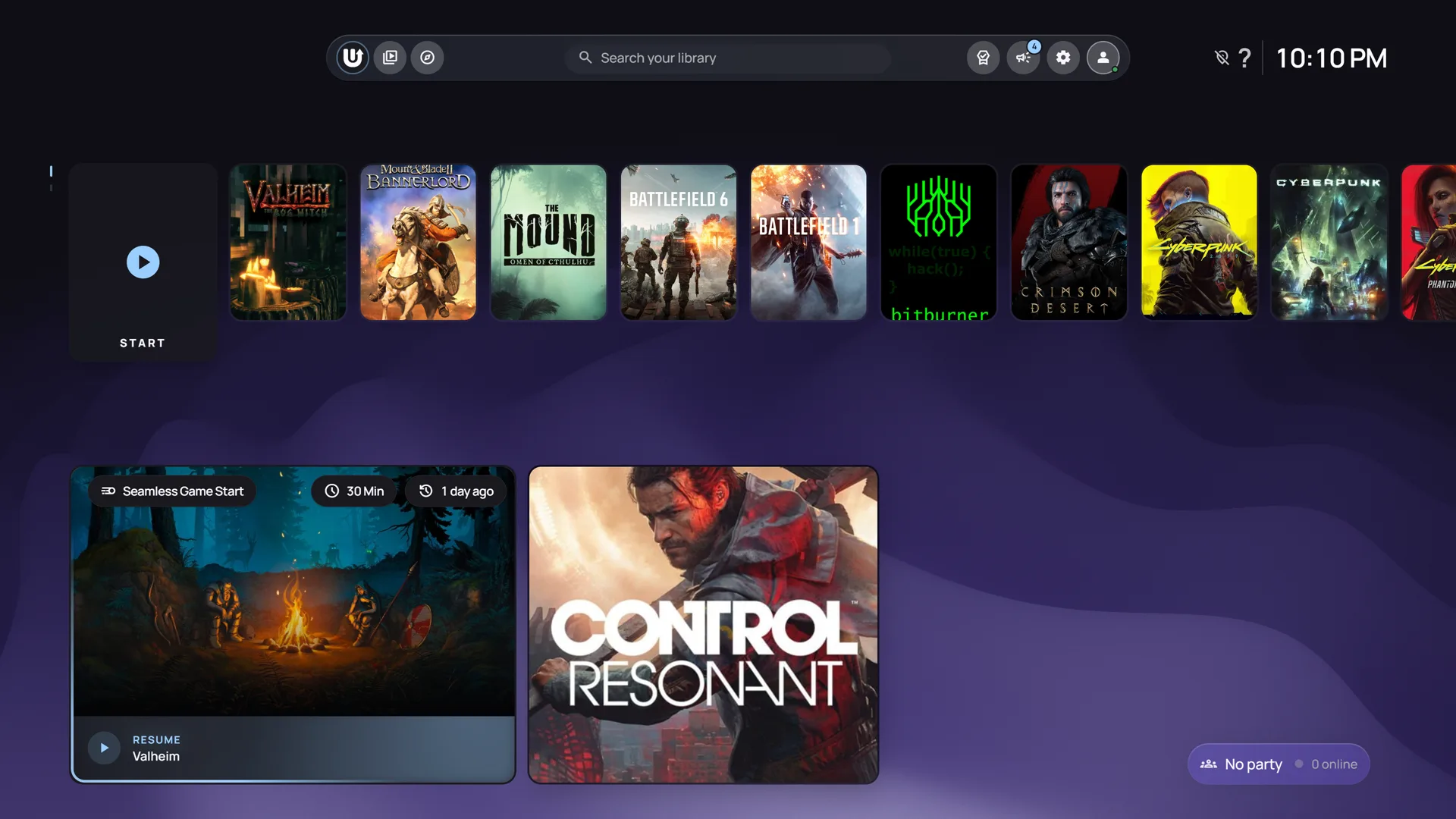 warmUP library on a TV, with Control Resonant ready to resume